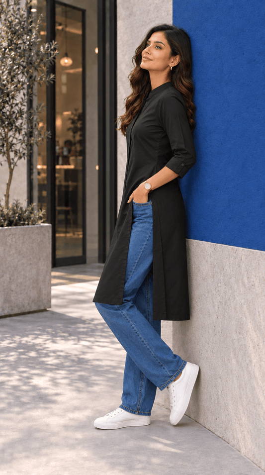 Amrita Black Front-Open Cotton Viscose Kurta