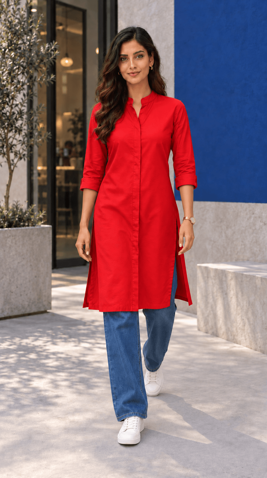Amrita Red Front-Open Cotton Viscose Kurta