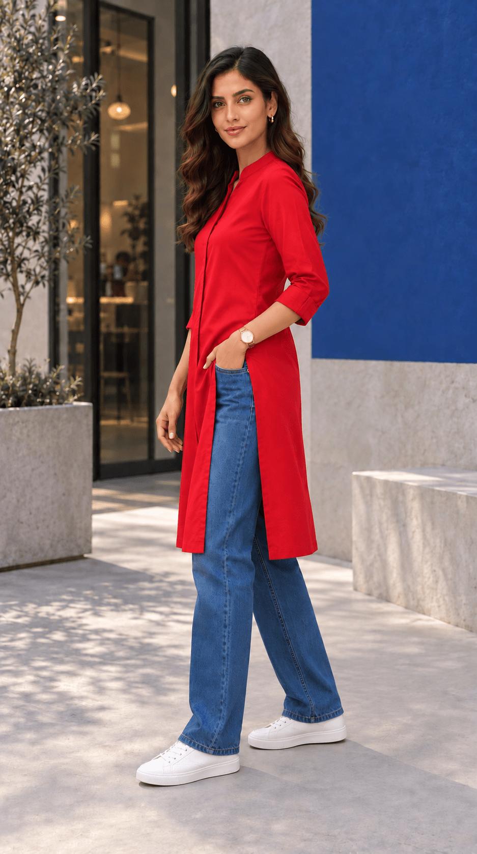 Amrita Red Front-Open Cotton Viscose Kurta