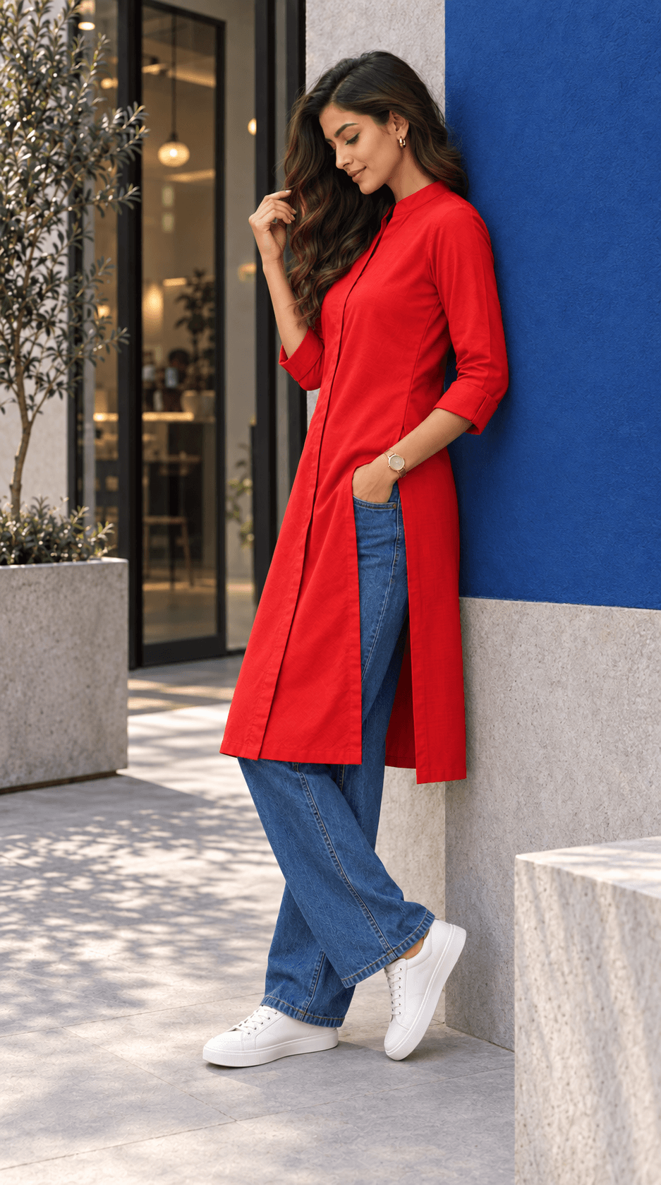Amrita Red Front-Open Cotton Viscose Kurta