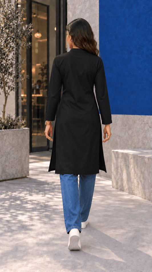 Amrita Black Front-Open Cotton Viscose Kurta