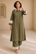Bubby Women's Olive Cotton Viscose Indo World with Designer Ivory Lace