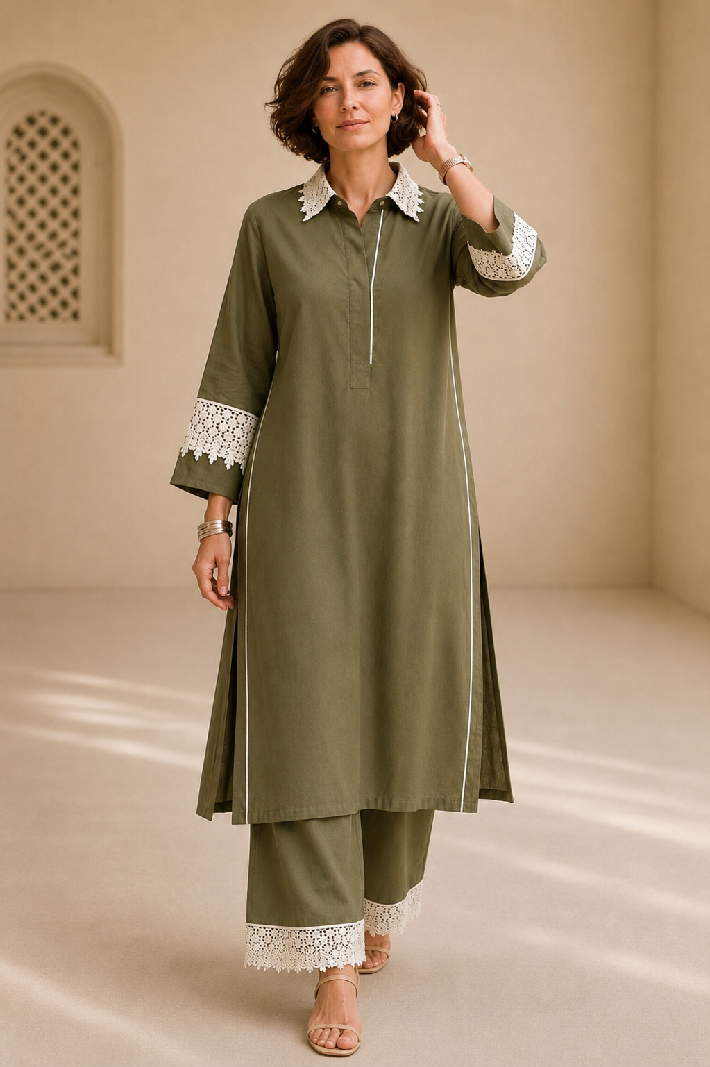 Bubby Women's Olive Cotton Viscose Indo World with Designer Ivory Lace