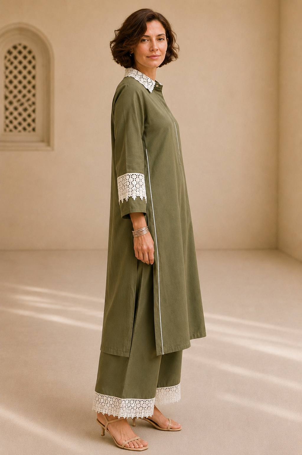 Bubby Women's Olive Cotton Viscose Indo World with Designer Ivory Lace