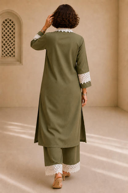 Bubby Women's Olive Cotton Viscose Indo World with Designer Ivory Lace