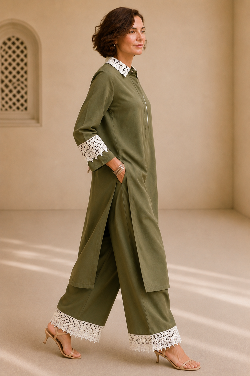 Bubby Women's Olive Cotton Viscose Indo World with Designer Ivory Lace