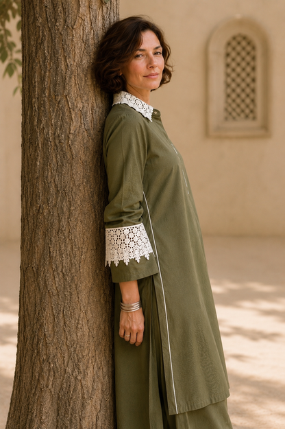 Bubby Women's Olive Cotton Viscose Indo World with Designer Ivory Lace