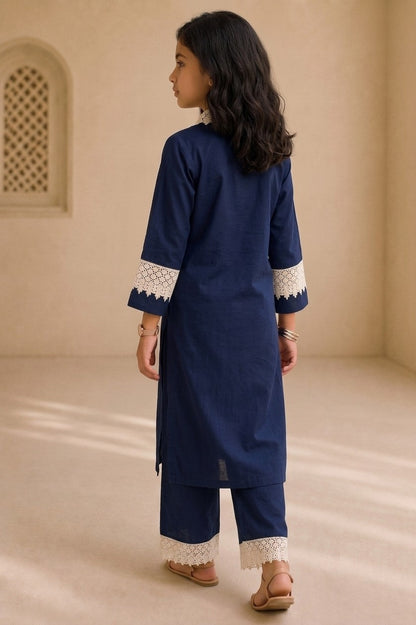 Bubby Mini Navy Blue Cotton Viscose Lace-Detail Kurta & Palazzo Co-ord Set for Girls