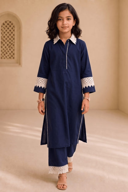 Bubby Mini Navy Blue Cotton Viscose Lace-Detail Kurta & Palazzo Co-ord Set for Girls