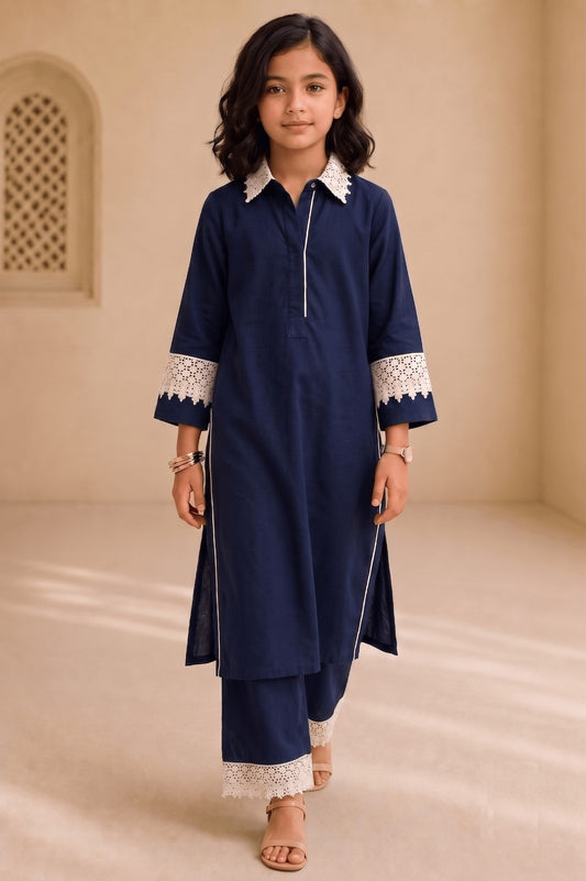 Bubby Mini Navy Blue Cotton Viscose Lace-Detail Kurta & Palazzo Co-ord Set for Girls