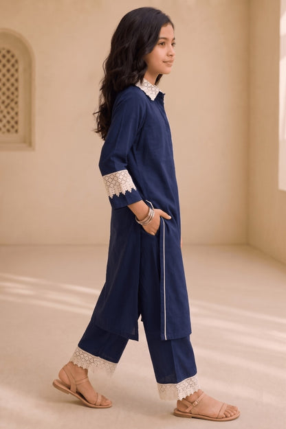 Bubby Mini Navy Blue Cotton Viscose Lace-Detail Kurta & Palazzo Co-ord Set for Girls