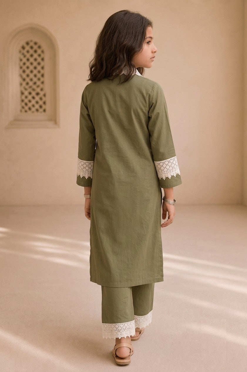 Bubby Mini Olive Green Cotton Viscose Lace-Detail Kurta & Palazzo Co-ord Set for Girls