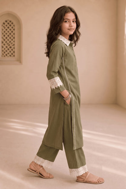 Bubby Mini Olive Green Cotton Viscose Lace-Detail Kurta & Palazzo Co-ord Set for Girls