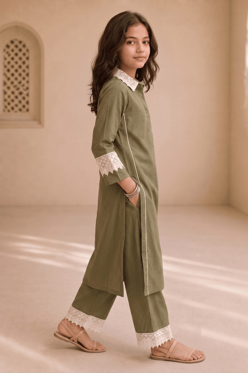 Bubby Mini Olive Green Cotton Viscose Lace-Detail Kurta & Palazzo Co-ord Set for Girls