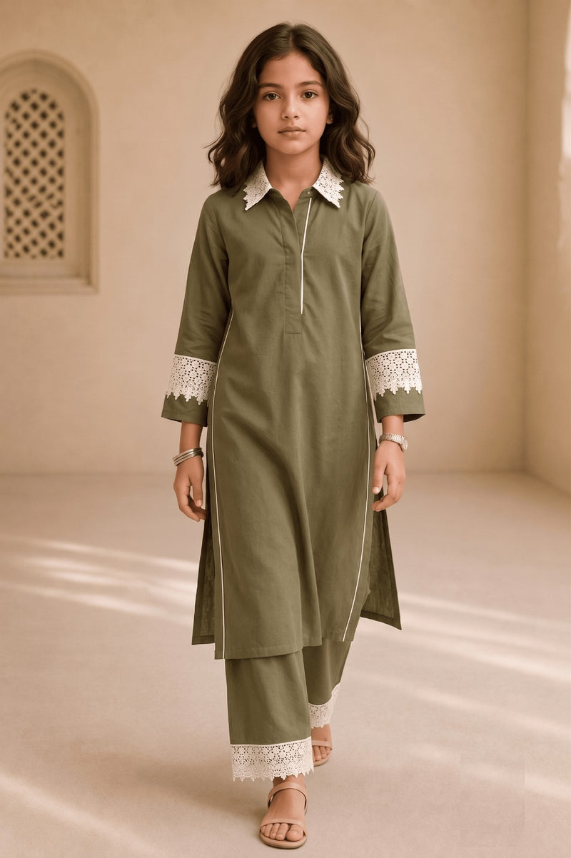 Bubby Mini Olive Green Cotton Viscose Lace-Detail Kurta & Palazzo Co-ord Set for Girls