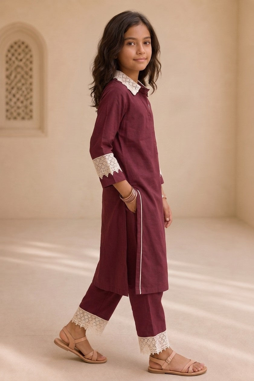 Bubby Mini Maroon Cotton Viscose Lace-Detail Kurta & Palazzo Co-ord Set for Girls