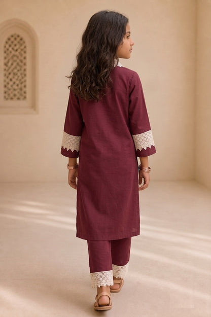 Bubby Mini Maroon Cotton Viscose Lace-Detail Kurta & Palazzo Co-ord Set for Girls
