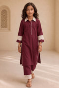 Bubby Mini Maroon Cotton Viscose Lace-Detail Kurta & Palazzo Co-ord Set for Girls