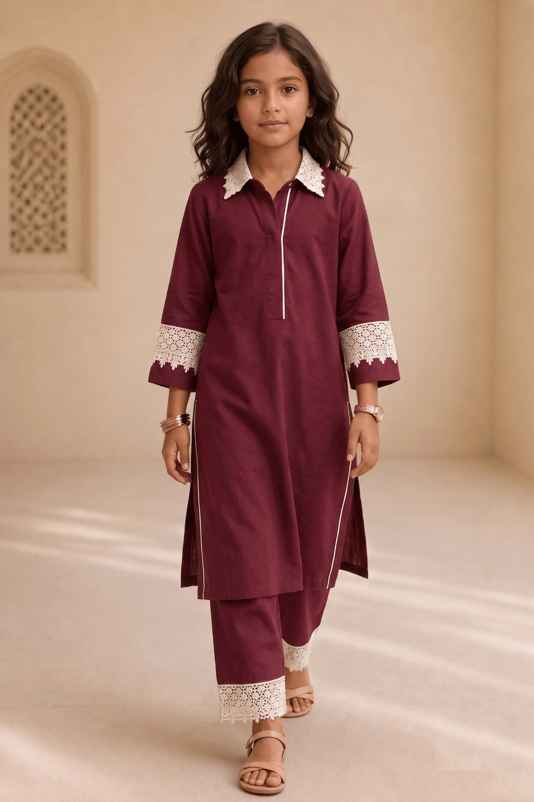 Bubby Mini Maroon Cotton Viscose Lace-Detail Kurta & Palazzo Co-ord Set for Girls