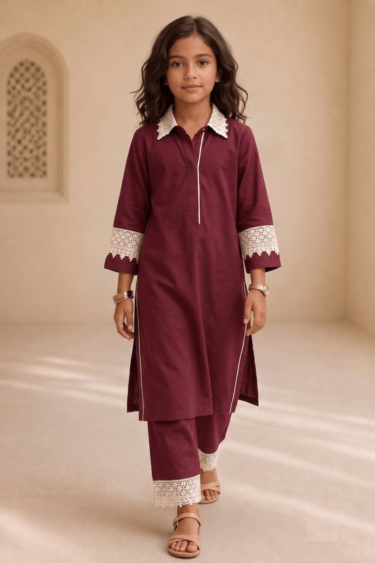 Bubby Mini Maroon Cotton Viscose Lace-Detail Kurta & Palazzo Co-ord Set for Girls
