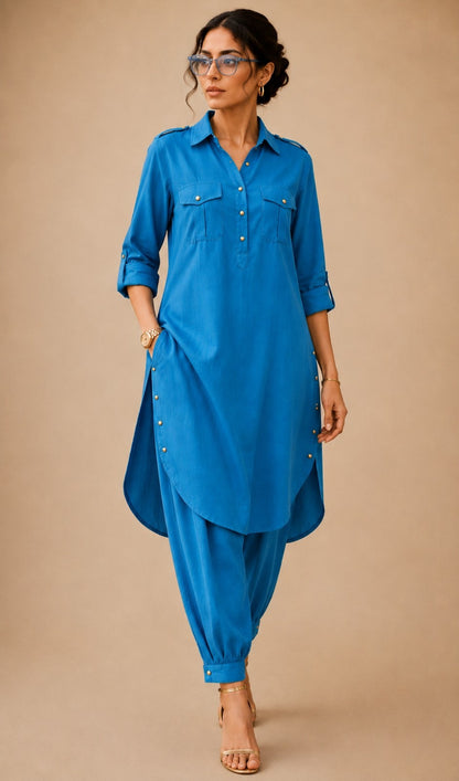 Renu Cobalt Blue Cotton Viscose Kurta & Dhoti Pant Co-ord Set for Women