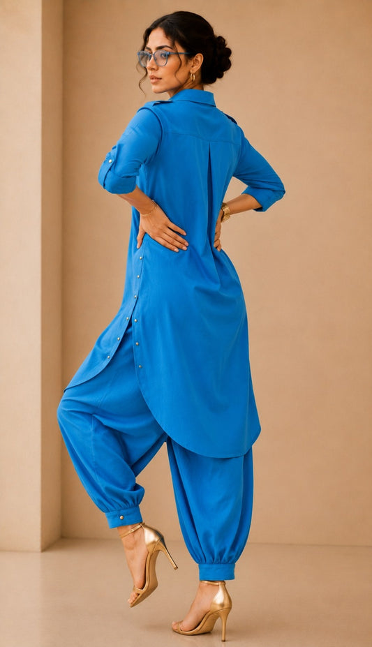 Renu Cobalt Blue Cotton Viscose Kurta & Dhoti Pant Co-ord Set for Women