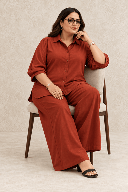Curve Meenu – Rust Cotton Viscose Woven Shirt & Wide-Leg Trouser Co-ord Set | Zinniars