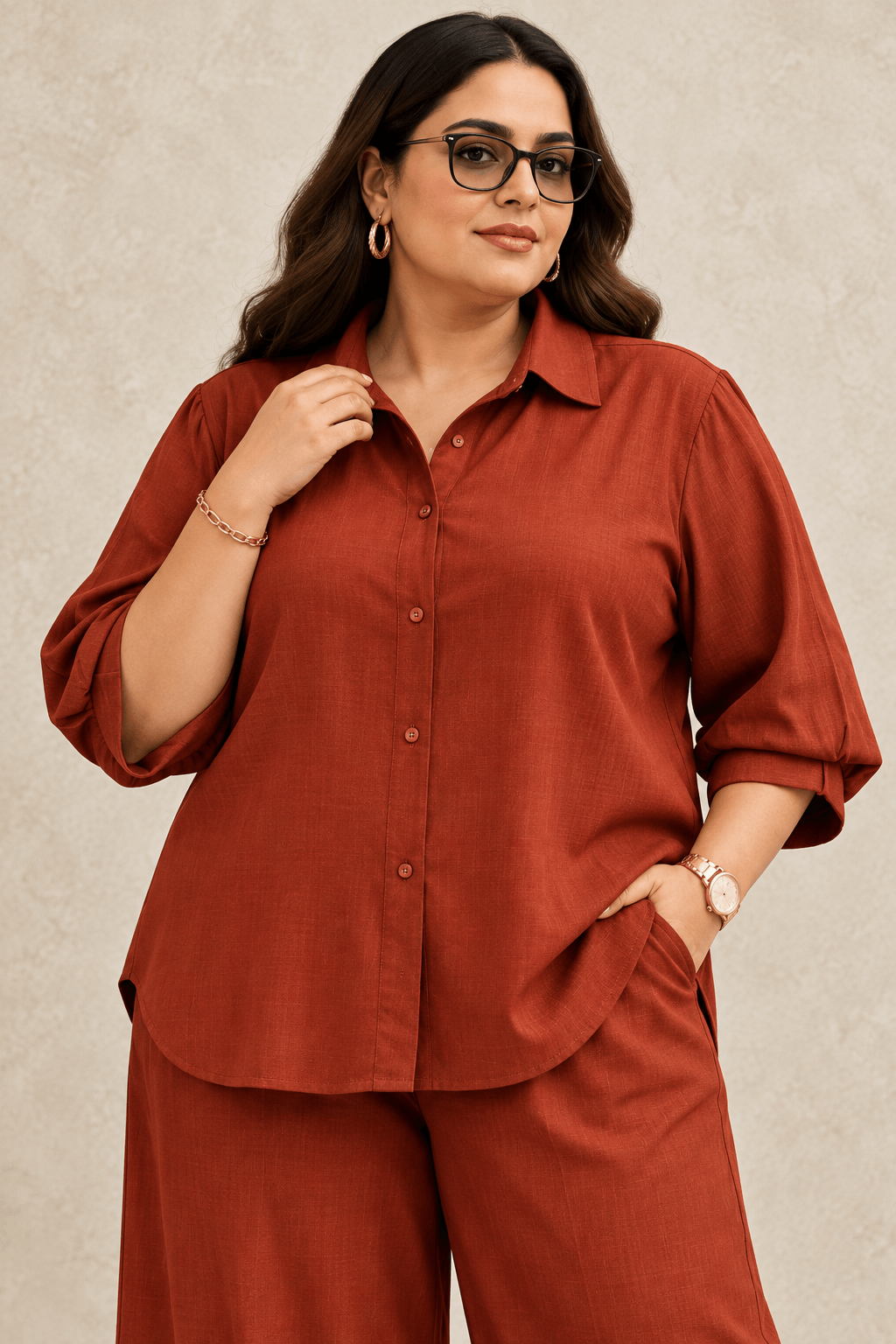 Curve Meenu – Rust Cotton Viscose Woven Shirt & Wide-Leg Trouser Co-ord Set | Zinniars