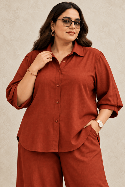 Curve Meenu – Rust Cotton Viscose Woven Shirt & Wide-Leg Trouser Co-ord Set | Zinniars