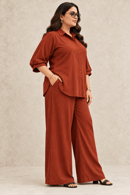 Curve Meenu – Rust Cotton Viscose Woven Shirt & Wide-Leg Trouser Co-ord Set | Zinniars