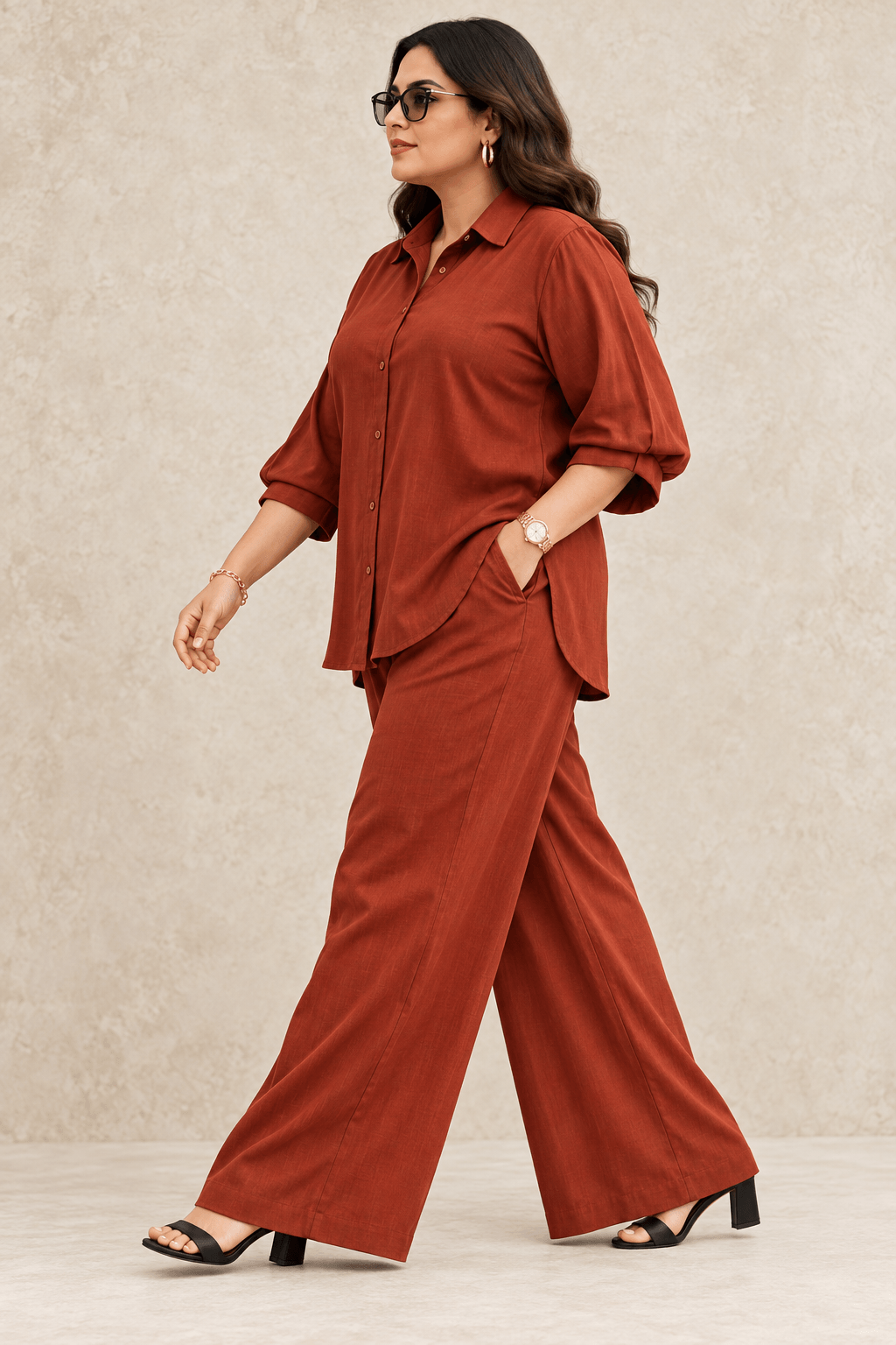 Curve Meenu – Rust Cotton Viscose Woven Shirt & Wide-Leg Trouser Co-ord Set | Zinniars