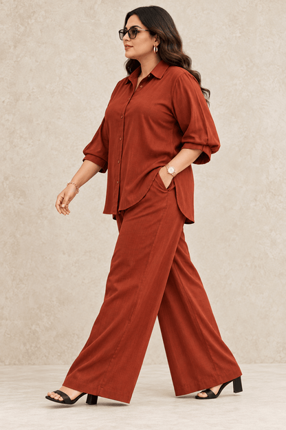 Curve Meenu – Rust Cotton Viscose Woven Shirt & Wide-Leg Trouser Co-ord Set | Zinniars