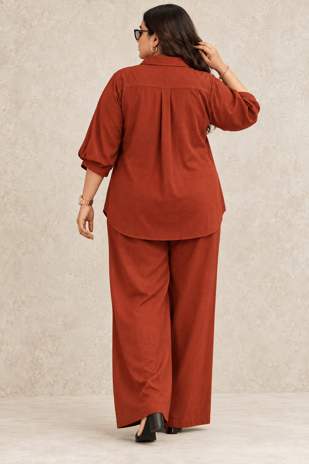 Curve Meenu – Rust Cotton Viscose Woven Shirt & Wide-Leg Trouser Co-ord Set | Zinniars
