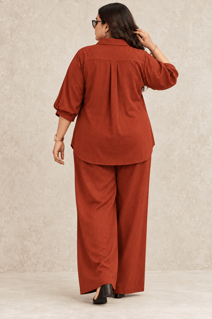 Curve Meenu – Rust Cotton Viscose Woven Shirt & Wide-Leg Trouser Co-ord Set | Zinniars