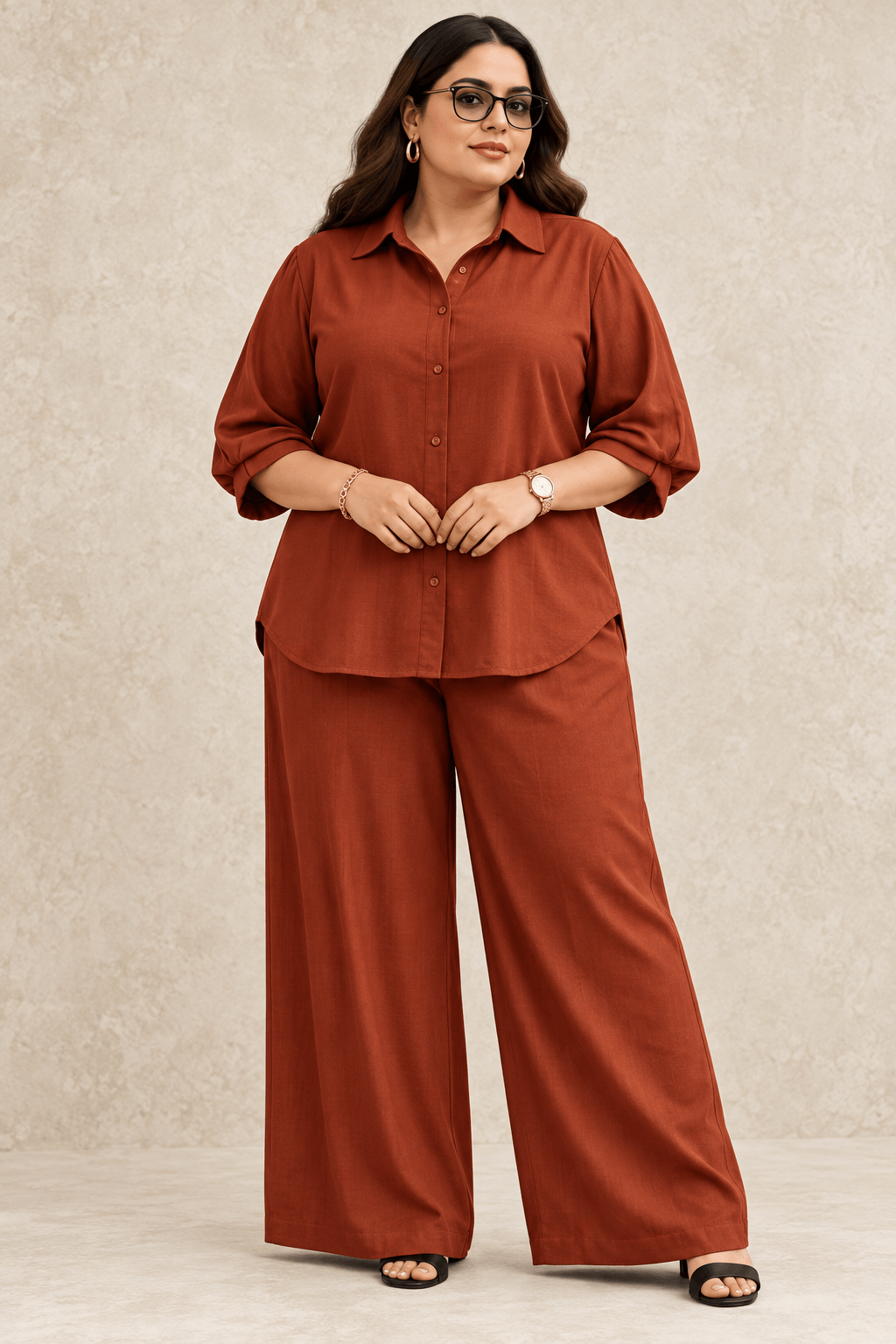 Curve Meenu – Rust Cotton Viscose Woven Shirt & Wide-Leg Trouser Co-ord Set | Zinniars