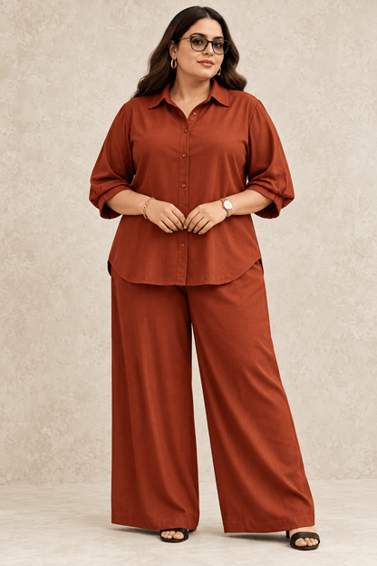 Curve Meenu – Rust Cotton Viscose Woven Shirt & Wide-Leg Trouser Co-ord Set | Zinniars