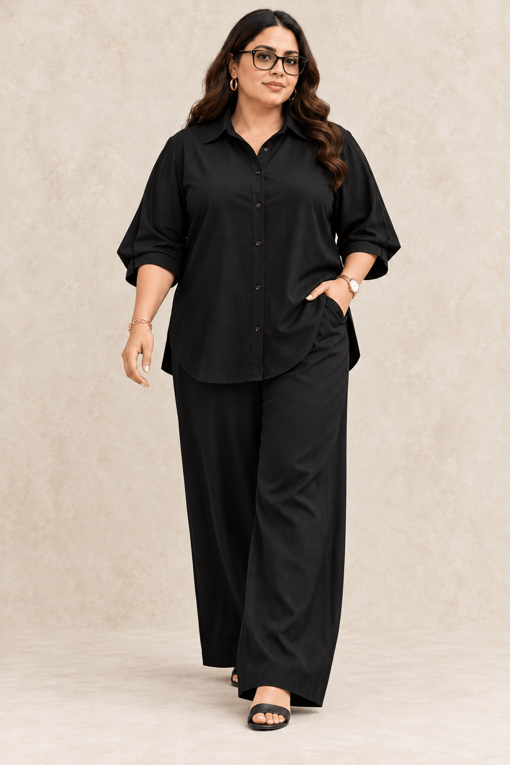Curve Meenu – Black Cotton Viscose Woven Shirt & Wide-Leg Trouser Co-ord Set | Zinniars