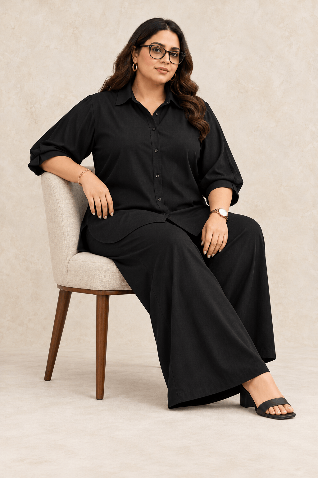 Curve Meenu – Black Cotton Viscose Woven Shirt & Wide-Leg Trouser Co-ord Set | Zinniars