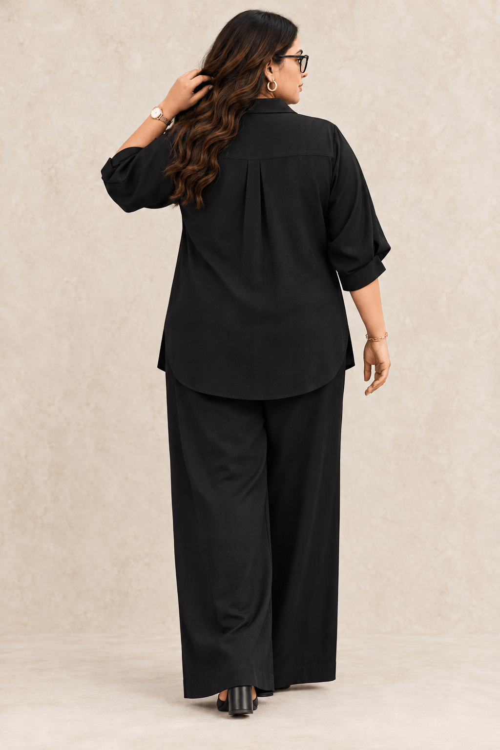 Curve Meenu – Black Cotton Viscose Woven Shirt & Wide-Leg Trouser Co-ord Set | Zinniars