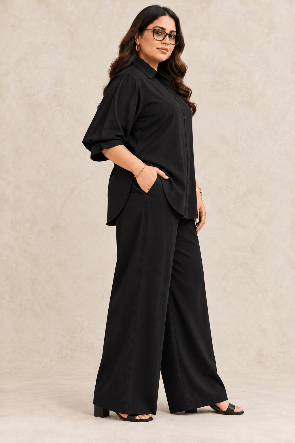Curve Meenu – Black Cotton Viscose Woven Shirt & Wide-Leg Trouser Co-ord Set | Zinniars