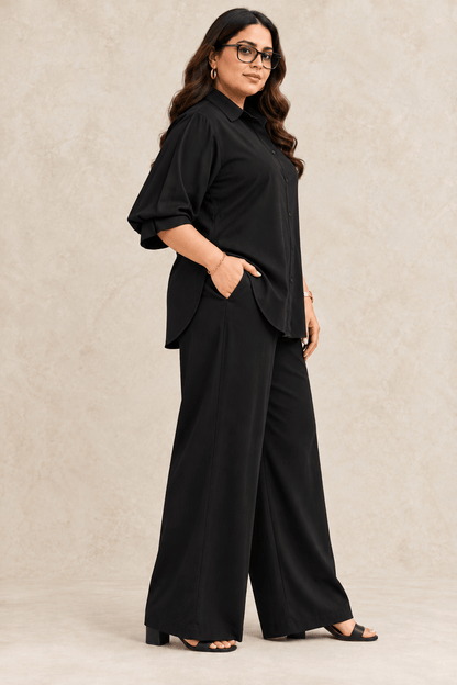 Curve Meenu – Black Cotton Viscose Woven Shirt & Wide-Leg Trouser Co-ord Set | Zinniars