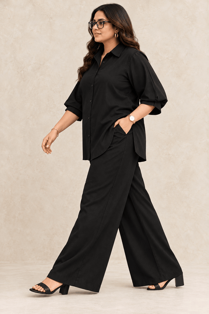 Curve Meenu – Black Cotton Viscose Woven Shirt & Wide-Leg Trouser Co-ord Set | Zinniars