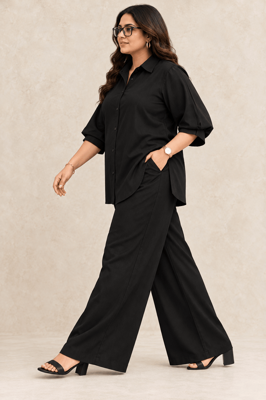 Curve Meenu – Black Cotton Viscose Woven Shirt & Wide-Leg Trouser Co-ord Set | Zinniars
