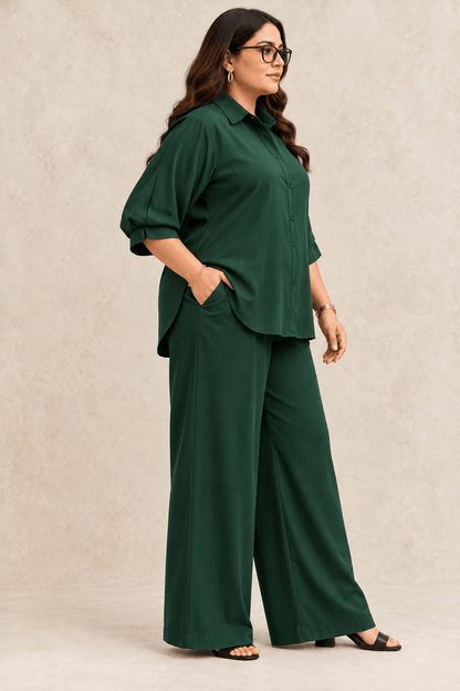 Curve Meenu – Bottle Green Cotton Viscose Woven Shirt & Wide-Leg Trouser Co-ord Set | Zinniars