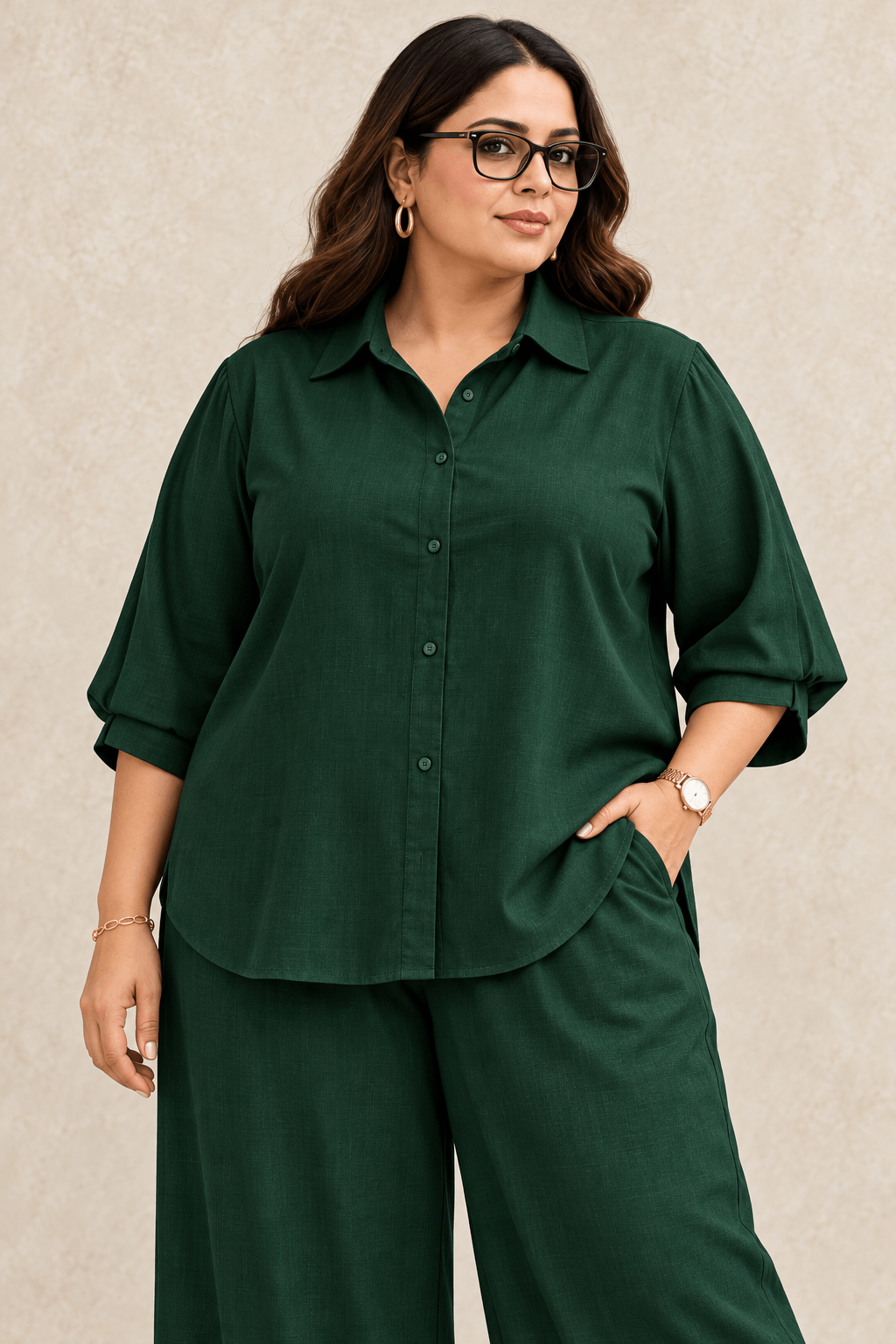 Curve Meenu – Bottle Green Cotton Viscose Woven Shirt & Wide-Leg Trouser Co-ord Set | Zinniars