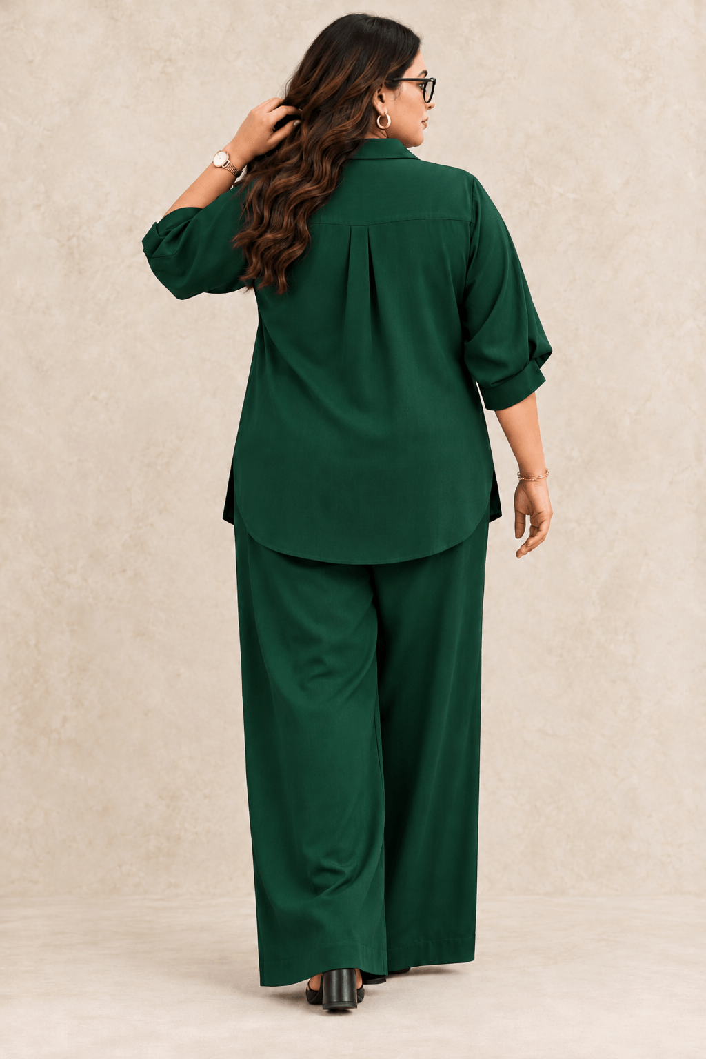 Curve Meenu – Bottle Green Cotton Viscose Woven Shirt & Wide-Leg Trouser Co-ord Set | Zinniars