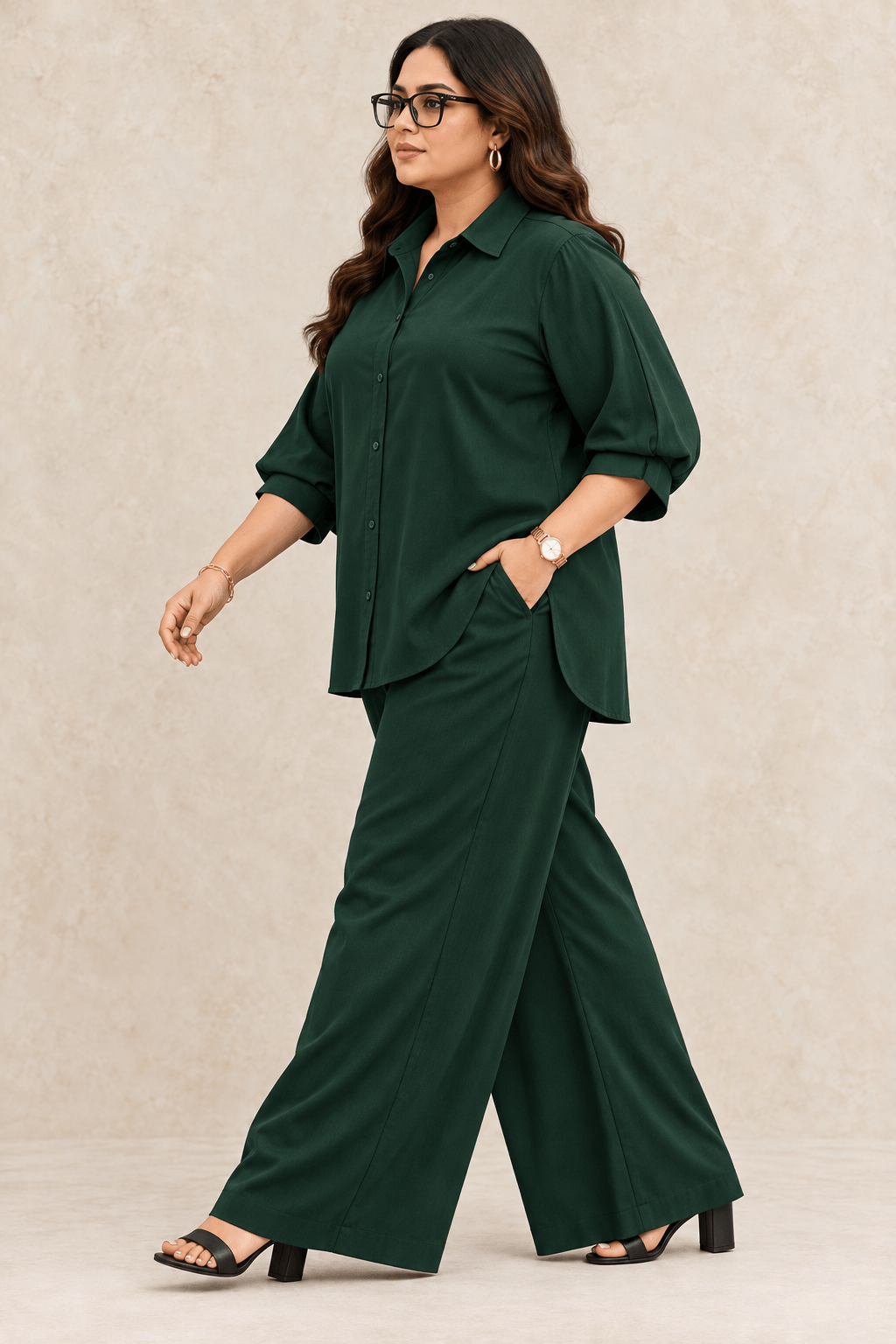 Curve Meenu – Bottle Green Cotton Viscose Woven Shirt & Wide-Leg Trouser Co-ord Set | Zinniars