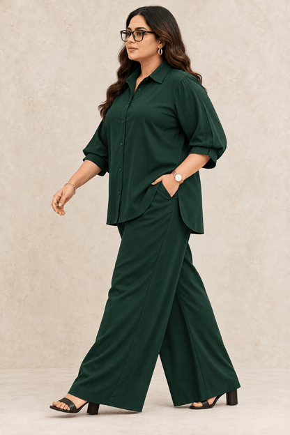 Curve Meenu – Bottle Green Cotton Viscose Woven Shirt & Wide-Leg Trouser Co-ord Set | Zinniars