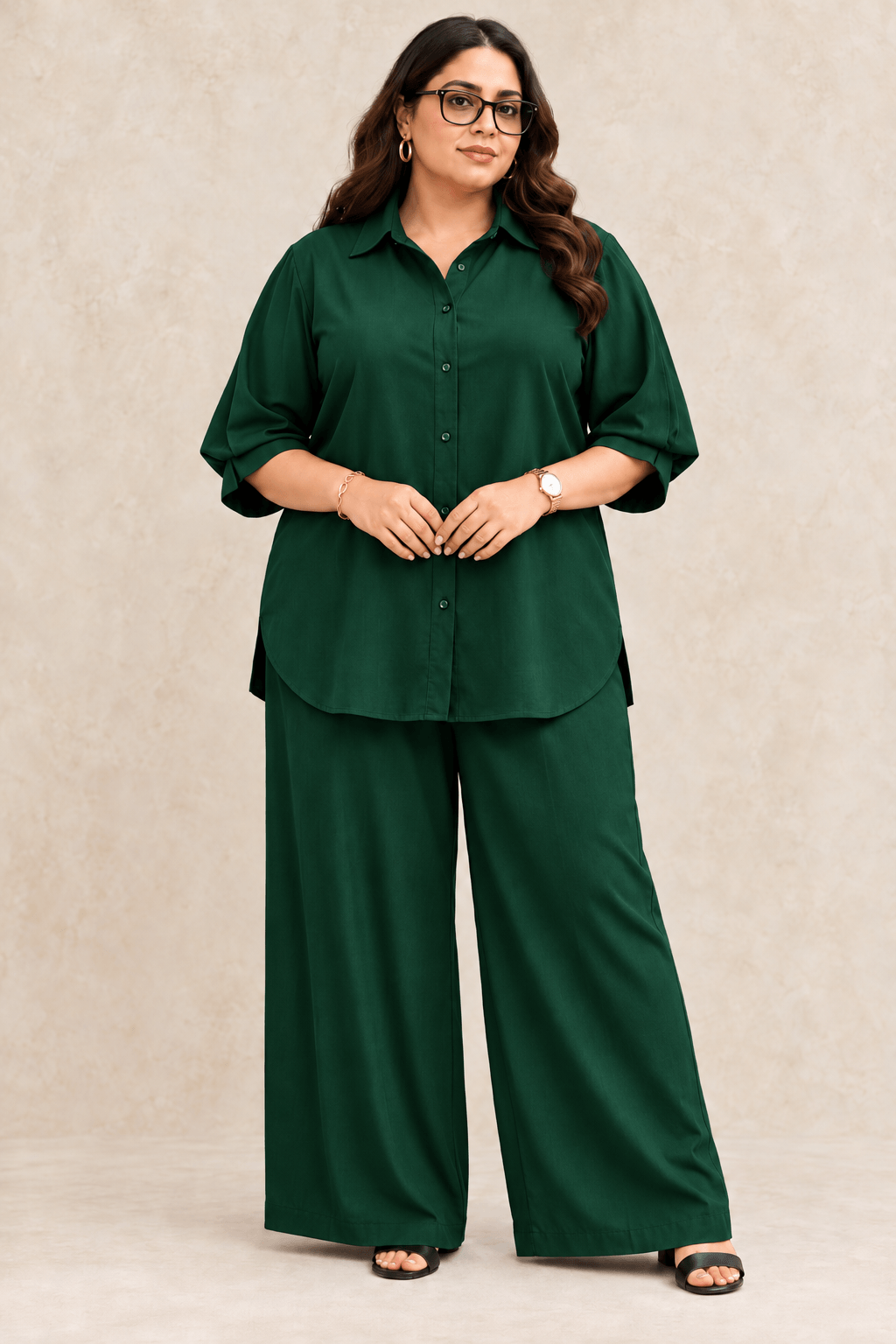 Curve Meenu – Bottle Green Cotton Viscose Woven Shirt & Wide-Leg Trouser Co-ord Set | Zinniars