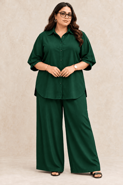 Curve Meenu – Bottle Green Cotton Viscose Woven Shirt & Wide-Leg Trouser Co-ord Set | Zinniars